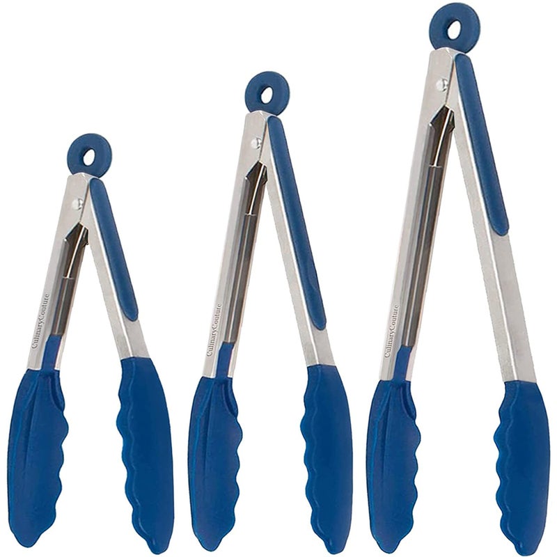 Culinary Couture Silicone Kitchen Tongs with Silicone Tips  Set of 3 Heat Resistant Tongs for Serving Food  7-Inch  9-Inch  12-Inch Locking Silicone Tongs for Cooking Tongs  Salad Tongs  Blue Kitchen Utensils - Image 1